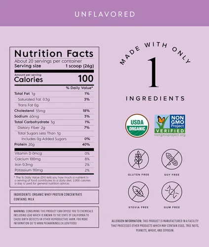 Miniatura 2 de Polvo de proteína de suero orgánico Truvani Sin sabor 20g de proteína de suero alimentado con hierba 20 porciones Orgánico USDA y sin OMG