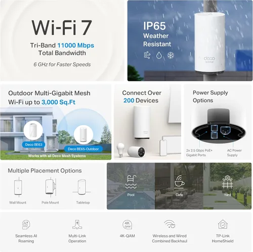Miniatura 3 de TP-Link Deco 7 Extensor de malla Wi-Fi 7 de tres bandas BE65 BE11000 para exteriores Hasta 3000 pies cuadrados, 2 puertos PoE+ de 2.5G