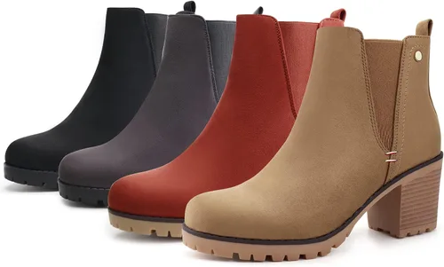 Miniatura 7 de JABASIC - Botines casuales de ante para mujer con tacón de bloque, botas de meter tipo Chelsea