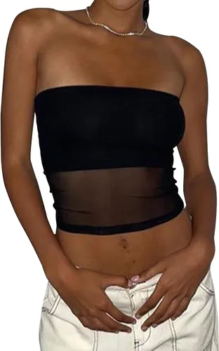 SAFRISIOR Camiseta sexy de malla transparente transparente para mujer, camiseta de tubo ajustada, sin tirantes, sin mangas, ropa de calle