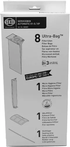 Miniatura 2 de SEBO Caja de servicio 5828AM con tira de sellado para aspiradora serie X (no X7 o X8) con 8 bolsas de filtro, filtro de escape, microfiltro