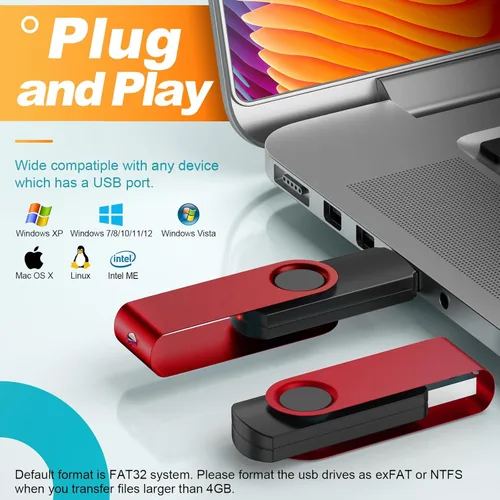 Miniatura 3 de Kepmem Unidades flash USB de 1 GB, paquete de 10 - Memorias USB 2.0 metálicas - Pendrive giratorio - Llavero portátil - Rojo