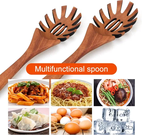 Miniatura 2 de Cuchara de madera para pasta con dientes, tenedor de espagueti, tenedores de pasta de 12.5 pulgadas, utensilios para servir, cuchara de madera