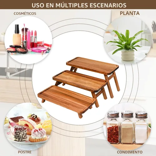 Miniatura 5 de GEHE Bandeja de servir de 3 niveles, bandeja escalonada de madera de acacia plegable, juego de exhibición de mesa de postre, decorada para tablas