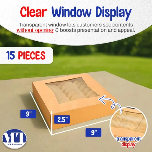 Miniatura 2 de MT Products Cajas Kraft para panadería de 9 x 9 x 2.5 pulgadas, cajas para pasteles o pasteles con ventana (paquete de 15) – fabricadas en los Marrón