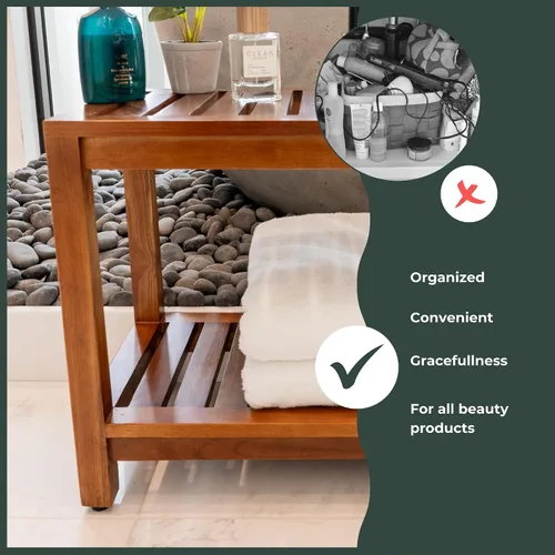 Miniatura 4 de Banco de ducha de teca de 30 pulgadas – Banco de madera totalmente montado con estante, resistente al agua, pies ajustables antideslizantes – Spa