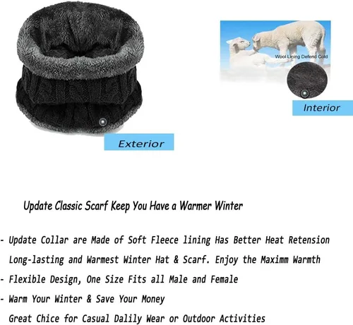 Miniatura 5 de Juego de 2 piezas de gorro de invierno para hombre, bufanda gruesa con forro polar, gorro de calavera, gorro de invierno de punto cálido, calentador