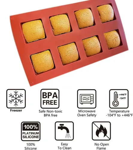 Miniatura 3 de Moldes de silicona cuadrados grandes, paquete de 2 moldes para pastel de caramelo, moldes de chocolate de 8 cavidades para hornear, mousse, pastel