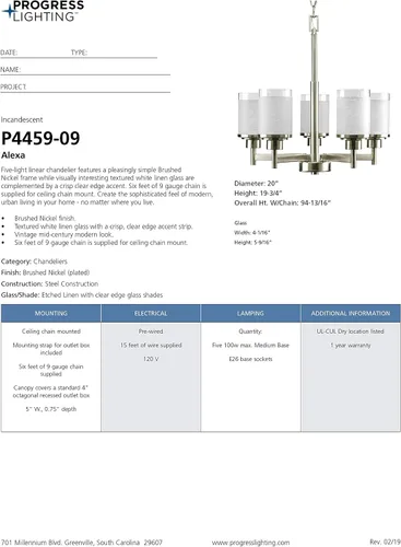 Miniatura 21 de Progress Lighting P4459 Alexa Candelabro de 5 luces, con pantalla de lino, de 20 pulgadas de alto., P4459-09, 100.00watts, 120.00 volts