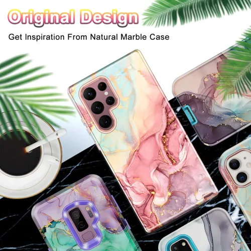 Miniatura 7 de Btscase Funda para Samsung Galaxy S22 Ultra 5G, patrón de mármol 3 en 1, resistente a prueba de golpes, cuerpo completo, policarbonato duro