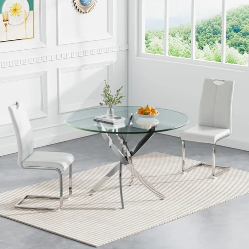 Miniatura 11 de Juego de mesa redonda de comedor para 2, juego de mesa de comedor de 3 piezas con mesa de comedor de vidrio plateado de 36 pulgadas y 2 sillas