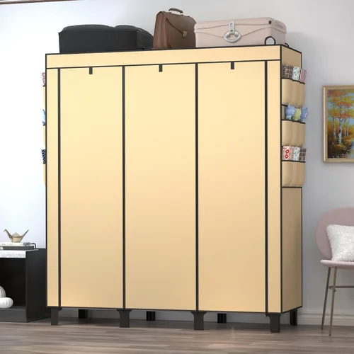 Miniatura 6 de Armario portátil con 10 estantes de almacenamiento y 2 postes para colgar, 18 bolsillos laterales no tejidos, tamaño 51.2 x 17.7 x 67.7 in, Beige