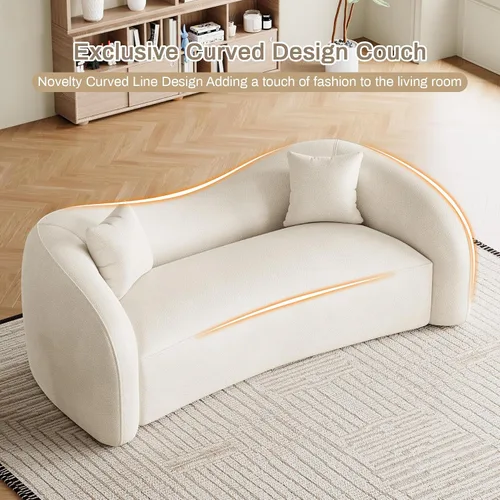 Miniatura 6 de Sofá curvado de 90.8 pulgadas para sala de estar, moderno y cómodo sofá de felpilla de 3 plazas sin hueso, asiento extra profundo y ancho con 2 Beige