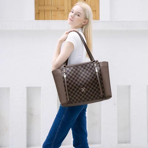 Miniatura 2 de Miss Fong Bolso de pañales de cuero con diseño a cuadros, mochila de gran capacidad para mamá, bolso hospitalario, con 12 bolsillos, bolso de viaje