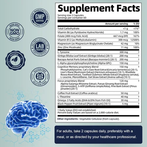Miniatura 6 de Totaria Suplementos cerebrales para memoria y enfoque, salud cerebral con L-tirosina, Alpha GPC, Ginkgo Biloba, Bacopa Monnieri, apoyo cognitivo