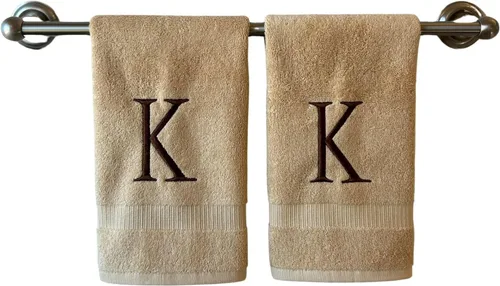 Toalla de mano con inicial beige para baño, toalla bordada decorativa de calidad de hotel de lujo con monograma para tocador, spa, certificado