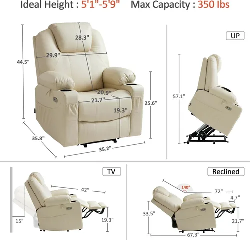 Miniatura 3 de MCombo Power Lift - Sillón elevador reclinable para adultos mayores, con calefacción y masaje, certificación FSC, puertos USB, portavasos, piel