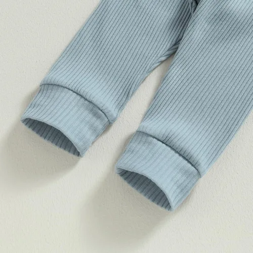 Miniatura 6 de Ropa de bebé recién nacido, ropa de punto acanalado, manga larga, pantalones de algodón sólido, trajes de otoño e invierno, 2 piezas
