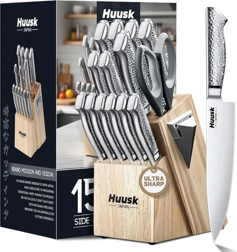 Huusk Juego de cuchillos de cocina con bloque y afilador integrado, juego de 15 piezas de bloques de cuchillos de acero inoxidable japonés, juegos