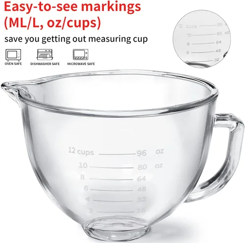 Miniatura 4 de Tazón de Vidrio para Mezclador de Pie con Cabeza Inclinable, 5 QT, Compatible con Kitchenaid Artisan 5KSM125, 5KSM150, 5KSM175, 5KSM7580, KSM150