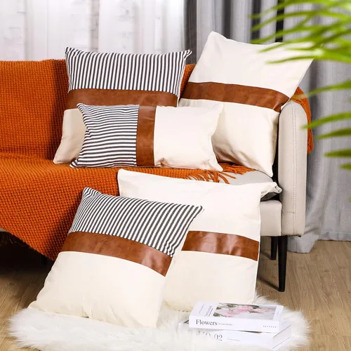 Miniatura 4 de Tradder Juego de 5 fundas de almohada decorativas de 20 x 20 pulgadas, 18 x 18 pulgadas, 12 x 20 pulgadas, modernas, de piel sintética y lino a