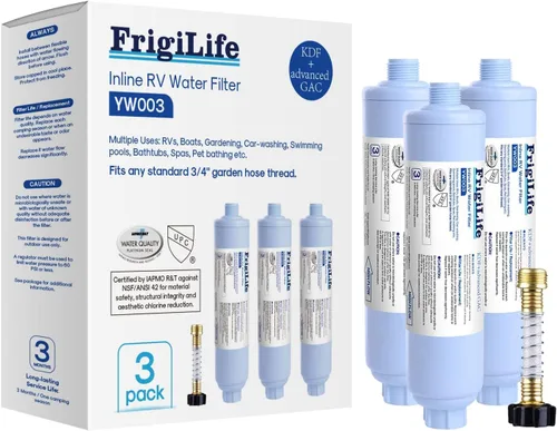 Filtro de agua en línea RV con protector de manguera antitorceduras, certificado NSF/ANSI 42, filtración GAC y KDF, reduce el cloro y los olores,