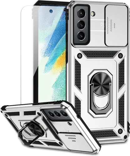 Miniatura 10 de Funda para Samsung Galaxy S21 FE 5G con cubierta para lente de cámara, protector de pantalla HD, soporte de anillo magnético con función de soporte