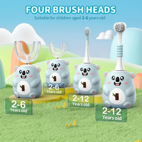 Miniatura 2 de Cepillo de dientes eléctrico en forma de U para niños, limpieza sónica automática de 360°, 6 modos, 4 cabezales de cepillo, bonito diseño de koala