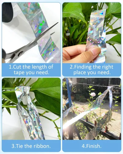 Miniatura 4 de 2 cintas de 502 pies para asustar pájaros, cinta holográfica reflectante de doble cara, dispositivos repelentes de pájaros audibles visuales