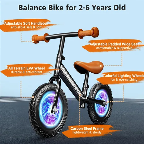 Miniatura 4 de Bicicleta de Equilibrio con Luces de Color 12 Pulgadas sin Pedal para Niños, Edad de 24 Meses a 5 Años, Bicicleta de Equilibrio Ligera y Estable