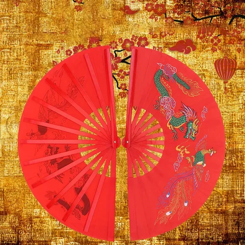 Miniatura 2 de Tbest Ventilador chino rojo, ventilador plegable de mano rojo, ventilador de lucha de artes marciales, danza, dragón de bambú + ventilador de mano