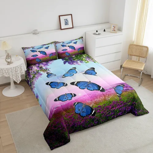 Miniatura 3 de Juego de ropa de cama de mariposa azul para adultos, mujeres y niñas, juego de edredón con estampado de lavanda morado, tamaño individual, diseño