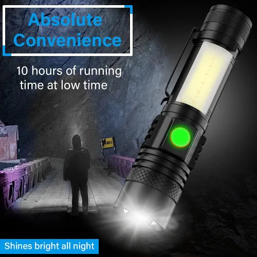 Miniatura 4 de Linterna recargable por USB, linternas magnéticas LED, linternas tácticas súper brillantes con luz lateral mazorca, impermeable, zoomable, 6 modos