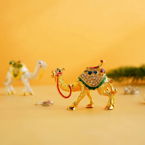 Miniatura 3 de YU FENG Adorno de decoración de figuras de camello de cristal, estatuas de camello esmaltado dorado, caja de joyería con bisagras