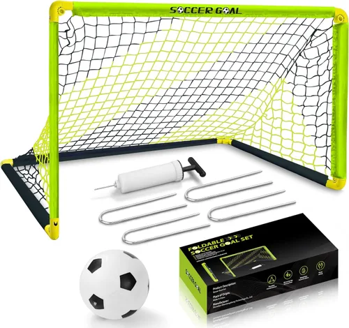 Eastgoing Juego de portería de fútbol portátil, mini red de fútbol para interiores y exteriores con red, pelota y bomba. Conjuntos de portería de