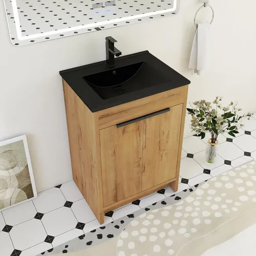 Miniatura 18 de Tocador de baño pequeño de 16 pulgadas con lavabo, tocador de baño independiente de 16" para espacios pequeños, gabinete de madera contrachapada