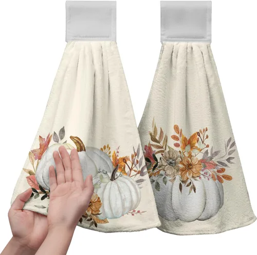 Miniatura 12 de Juego de 2 toallas de cocina colgantes de hojas tropicales de verano, color verde, hojas de palmera, con bucles para colgar, suaves y absorbentes