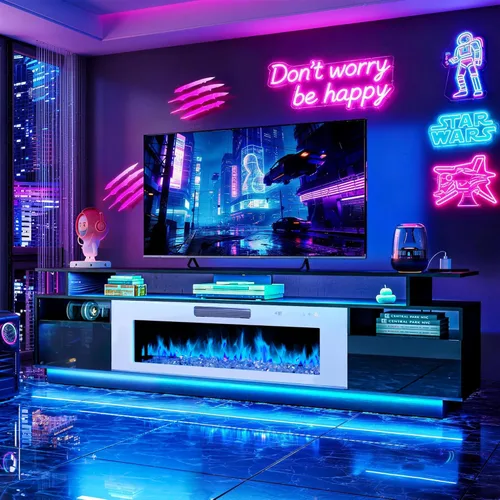 Miniatura 10 de FJTJBSI Soporte de TV con chimenea de 70 pulgadas con chimenea eléctrica de 36 pulgadas, centro de entretenimiento con estación de carga y consola