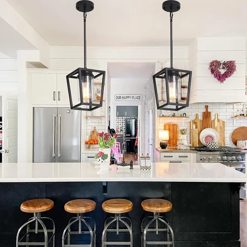 Miniatura 9 de SGLfarmty Luces colgantes negras para isla de cocina, 1 luz moderna de granja, jaula de metal ajustable, lámpara colgante con pantalla de vidrio