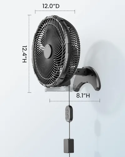 Miniatura 7 de Koonie - Ventilador de pared de 12 pulgadas, ventilador de pared silencioso con temporizador, control remoto con cable de 9.8 pies, oscilación