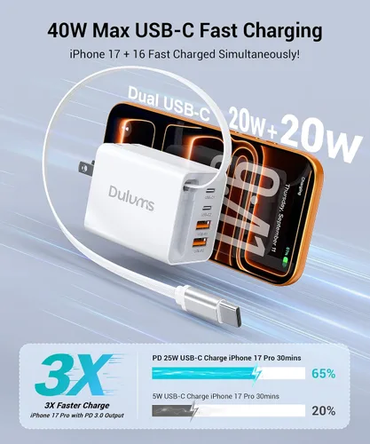 Miniatura 2 de Cargador retráctil de 40 W actualizado 2026, multipuerto esencial de viaje de 4 puertos, enchufe de bloque de cargador de pared PD 5 en 1+cables
