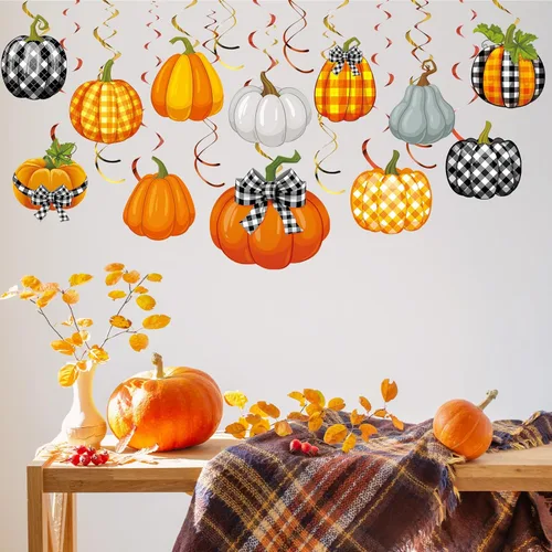 Miniatura 5 de Dianelhall 54 decoraciones de fiesta de otoño, decoraciones de remolinos colgantes de Acción de Gracias, recortes de calabaza y arce, remolinos