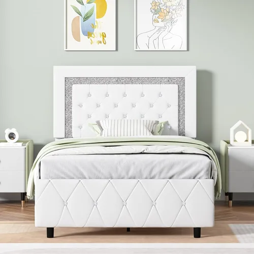 Miniatura 19 de BarnFurin Base de cama y cabecero tamaño King, cama tapizada de piel sintética con diseño capitoné de diamante, base de cama de plataforma moderna