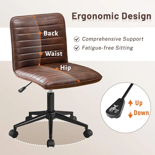 Miniatura 5 de Furniliving Silla de cuero para oficina en casa, silla de trabajo de escritorio sin brazos con ruedas, silla giratoria de 360° para computadora