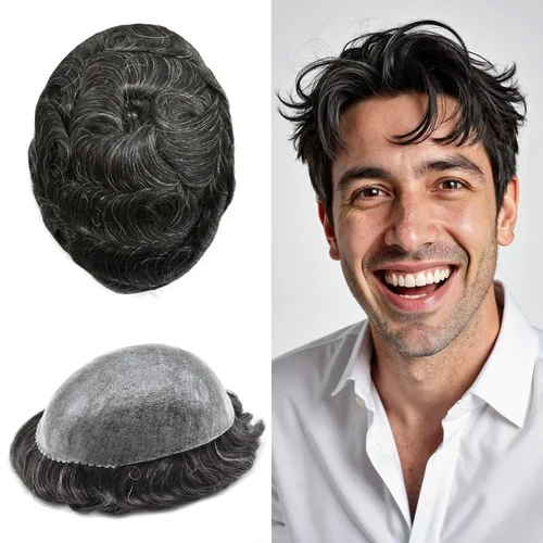 Miniatura 71 de Toupee para hombres de piel fina inyección de PU unidad de peluca para hombre, pieza de cabello humano natural real, sistema de repuesto