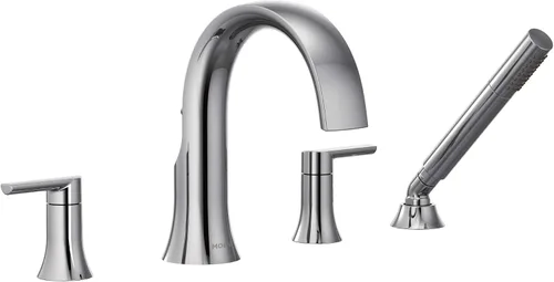 Moen TS983 Doux - Grifo de bañera romana de dos manijas con ducha de mano, requiere válvula, cromado