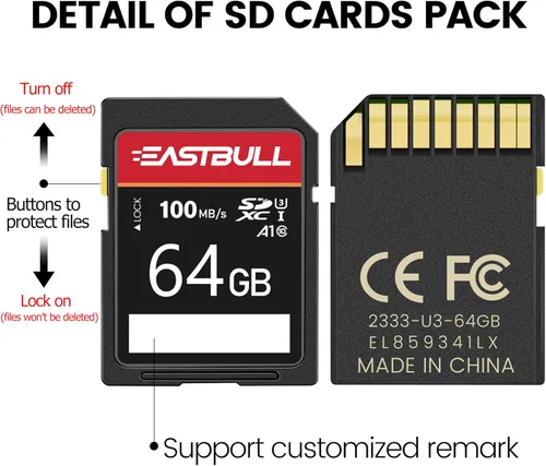 Miniatura 5 de Paquete de 5 tarjetas SD de 64 GB EASTBULL Clase 10 SD U1 V30 de alta velocidad de 100 MB/s de lectura SDXC tarjeta de memoria SDXC paquete de 5