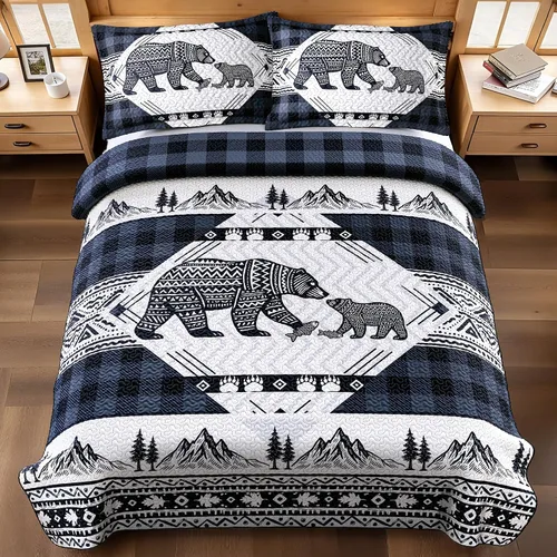 Miniatura 26 de Juego de 3 piezas de colcha tamaño King para cabaña, reversible, navideño, rústico, de microfibra, suave, ligera, de granja, con 2 fundas de 2-Oso