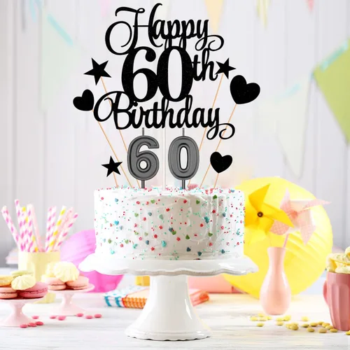 Miniatura 4 de El juego de decoraciones para tartas de cumpleaños de 60 años incluye velas de 60 cumpleaños número 60 velas para pasteles y adornos para pasteles
