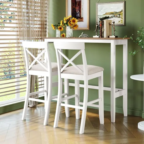 Miniatura 25 de JIVOIT Juego de mesa de comedor de 3 piezas con altura de mostrador, juego de comedor de madera maciza con 2 taburetes tapizados, mesa de comedor
